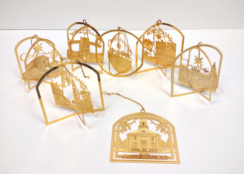 Lot of 7 VTG 90s CHARLESTON SC Novelty 24K Gold Plate Flat Christmas Ornaments
